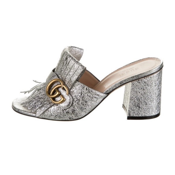 Gucci Silver Metallic Mules with Fringe and Block Heel - Picture 3 of 5